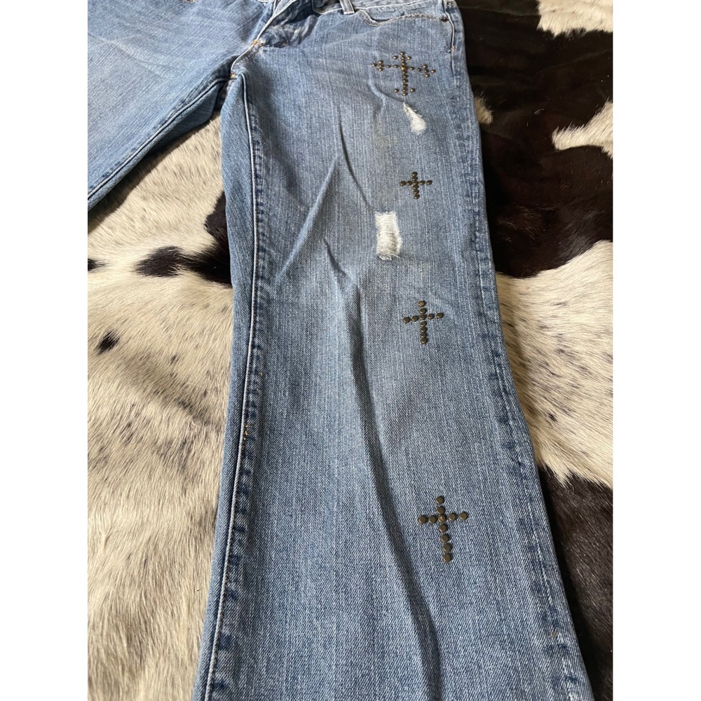 IVU Jane Jeans Y2K VTG Size 8 Light Wash Boot Cut Distressed Embellished Crosses - Picture 4 of 10